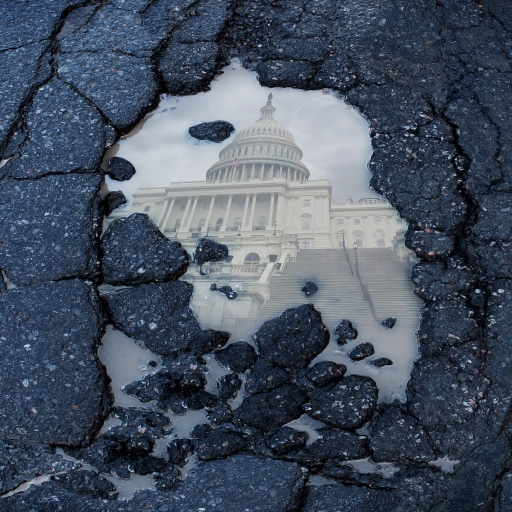 A pothole on an asphalt street containing a puddle with a reflection of the U.S. Capitol Building. This is meant to represent the need for infrastructure spending.
