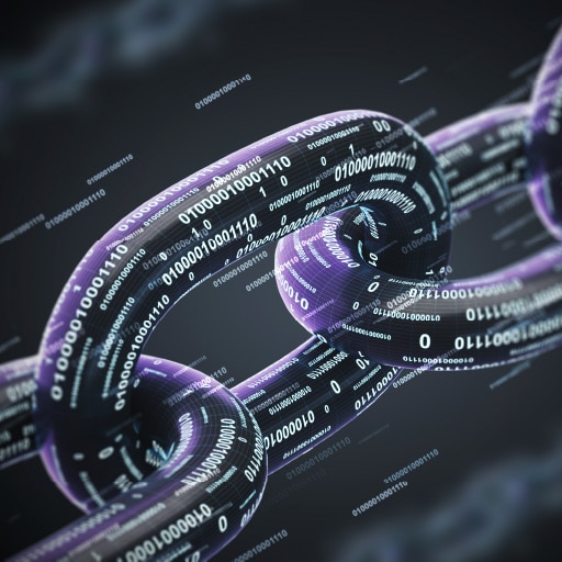 A chain with binary code written all over it representing blockchain technology, the foundation of DeFi.