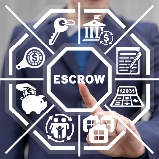 A finger is touching the word escrow, which is surrounded by business icons.