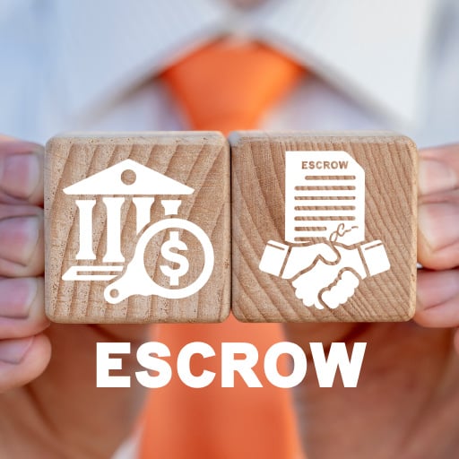 A block with a banking image and a block with an escrow agreement image are pressed together over the word escrow.