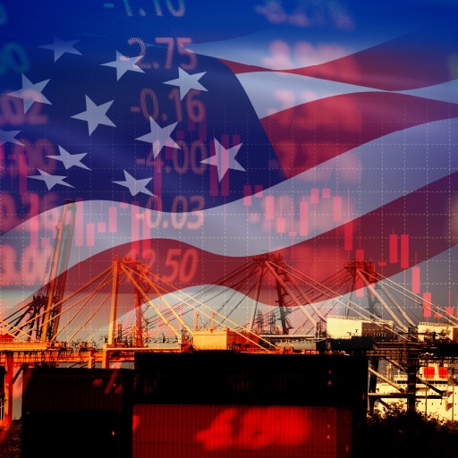 A picture of a bridge with the American flag and stock market ticker transparently overlayed.
