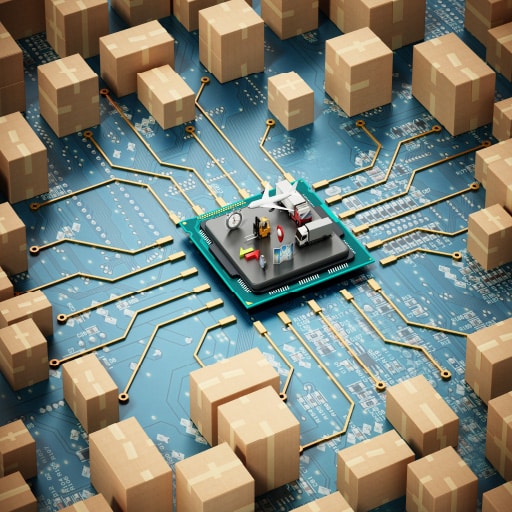 Artificial intelligence and it’s impact on the economy represented with miniature vehicles, a circuit board, and shipping boxes.