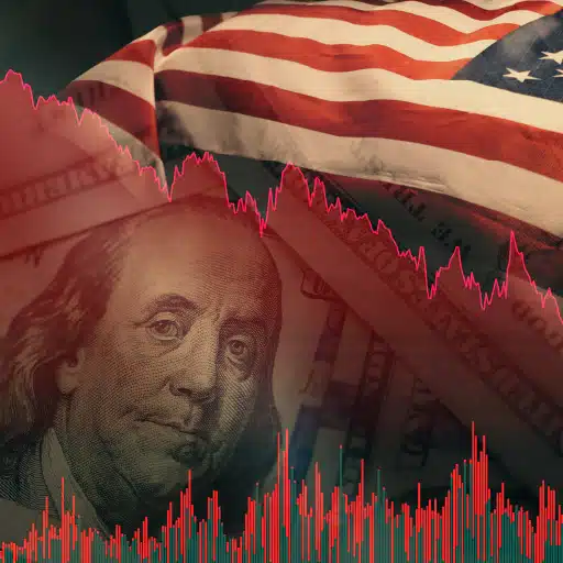 Bank failure represented by A USA flag and money background with a negative market graph and red overlay.
