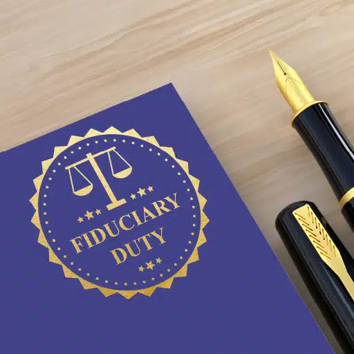 Fiduciary Duty stamped in gold on the top corner of a purple folder.