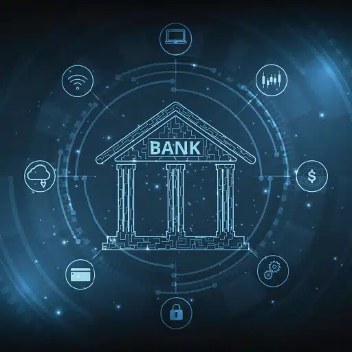 A digital image of a bank with icons surrounding it.