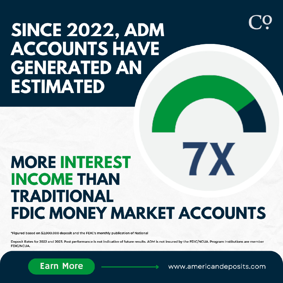 An infographic saying, “Since 2022, ADM accounts have generated an estimated 7x more interest income than traditional FDIC money market accounts.”