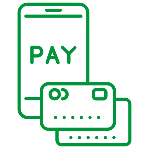 Merchant Services represented by an icon of two credit cards and a smartphone displaying the word “pay.”