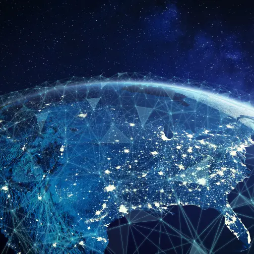 An image of the world, focused on the United States with a network of digital connections overlaid on it - symbolizing the ADM network of community banks