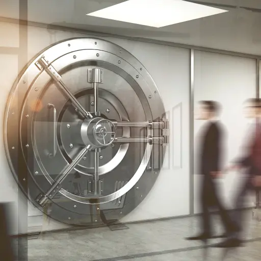 A slightly blurred image of two businessmen walking into a bank vault – indicating they are moving their banking relationship to another bank due to poor service during the COVID-19 pandemic