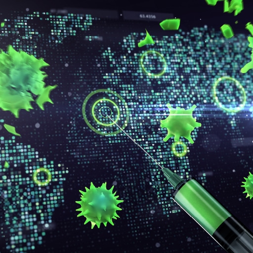 World map with COVID-19 virus and green syringe indicate businesses are vaccinating themselves against the next pandemic