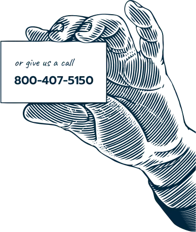 Hand holding a card that says 'Give us a call at 800-407-5150