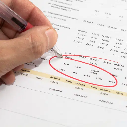 Business reports with a red circle indicating a cash management mistake.