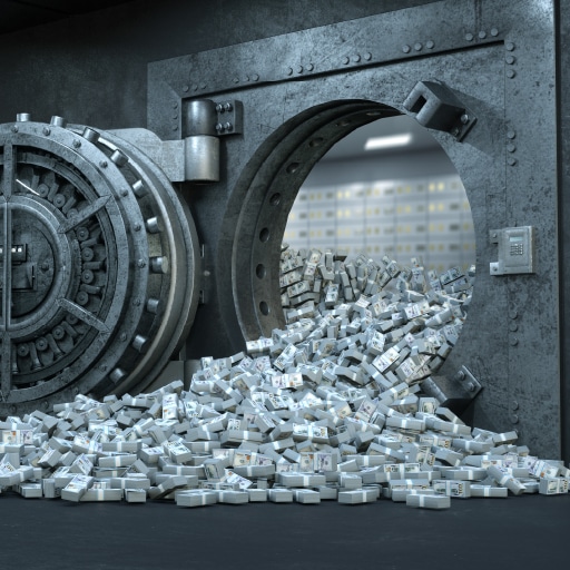 Money overflowing from a bank vault indicating the most return and most protection for business escrow cash.