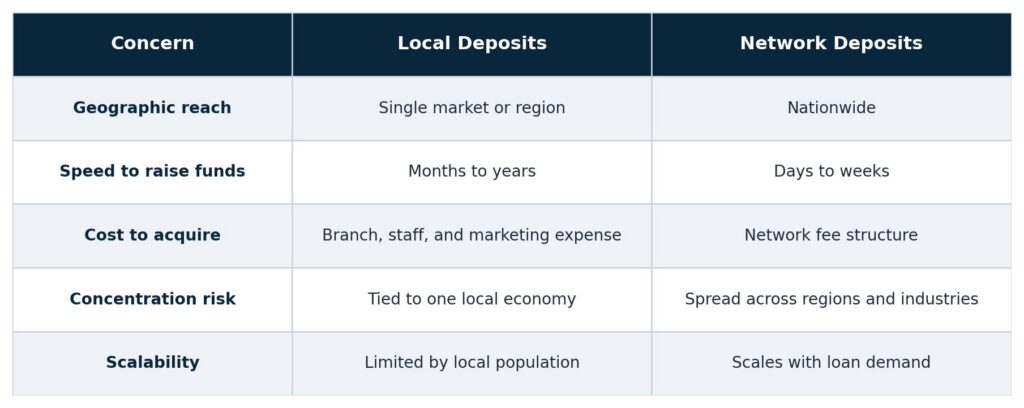 a table comparing concerns with a local deposit strategy to a network deposit strategy