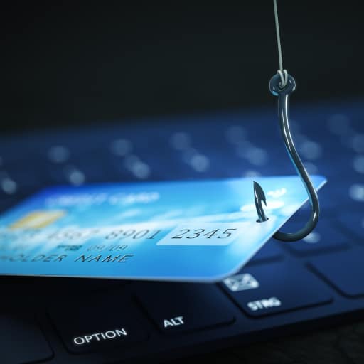A credit card is hooked by a fishing hook over a keyboard. This is meant to symbolize phishing.